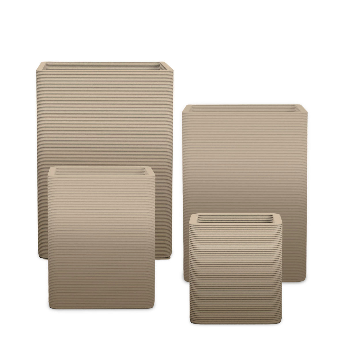 Montara Square Planter Set - Stacks - Savanna Clay OMB1 - sculptural square planter set of four sizes with fine horizontal ribbed texture, 3D printed concrete, modern artistic design