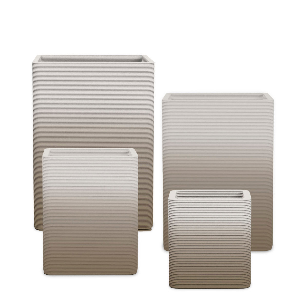 Montara Square Planter Set - Stacks - Savanna Clay OMB2 - sculptural square planter set of four sizes with fine horizontal ribbed texture, 3D printed concrete, modern artistic design