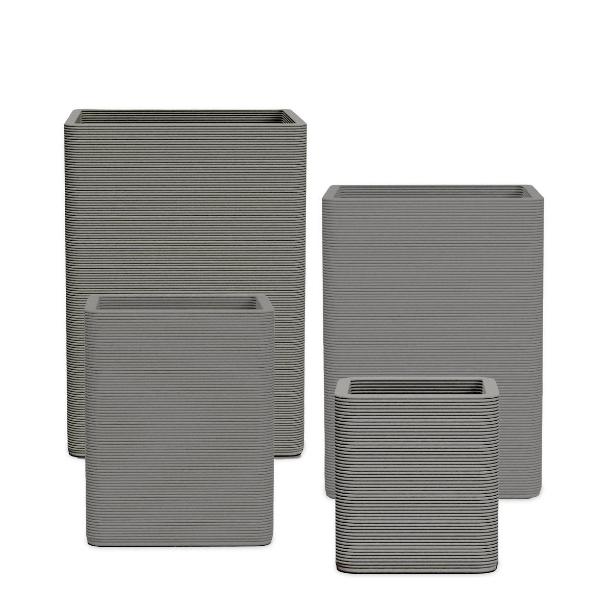 Montara Square Planter Set - Stacks - Silver Mist - sculptural square planter set of four sizes with fine horizontal ribbed texture, 3D printed concrete, modern artistic design
