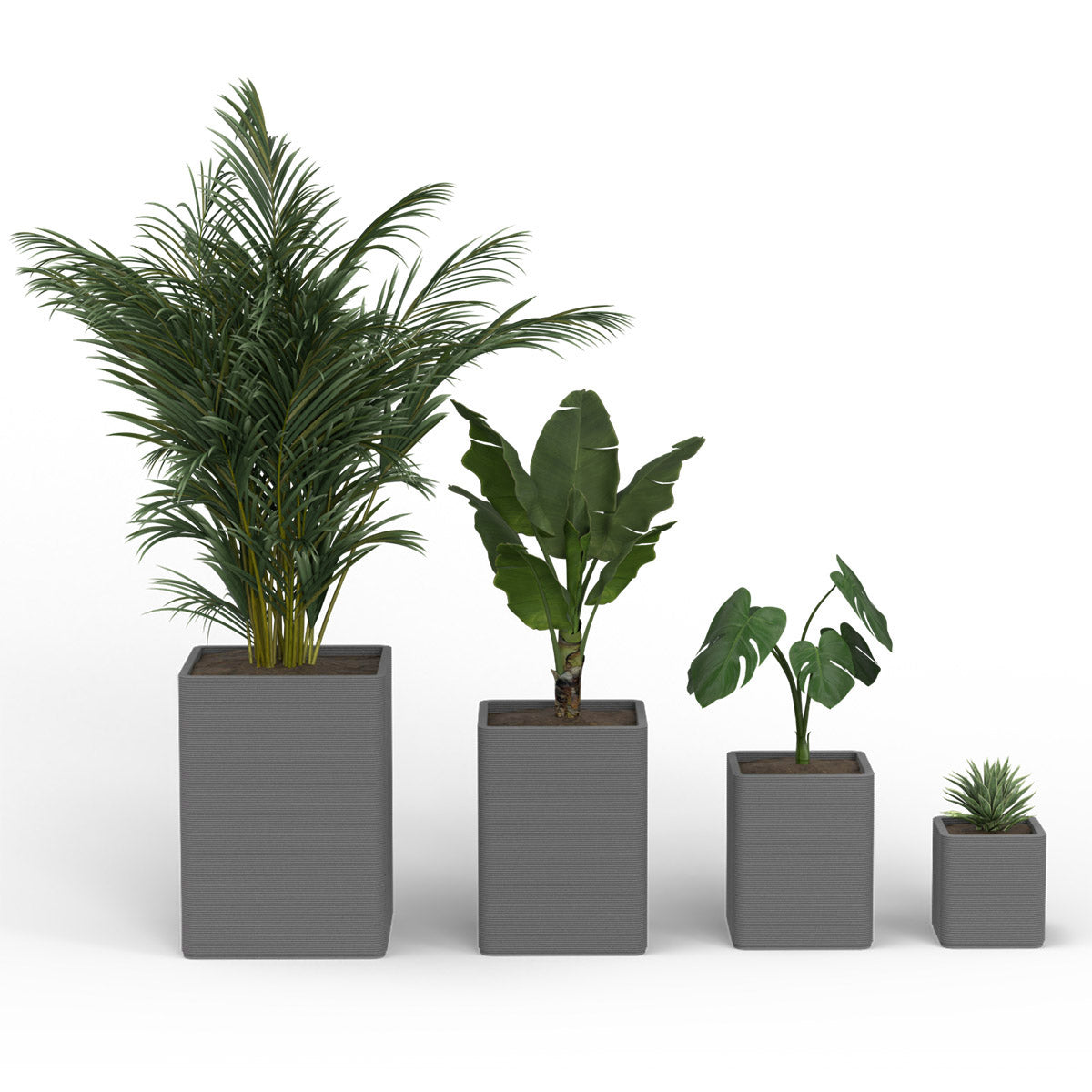 Montara Square Planter Set - Stacks - Silver Mist - sculptural square planter set of four sizes with fine horizontal ribbed texture, 3D printed concrete, modern artistic design