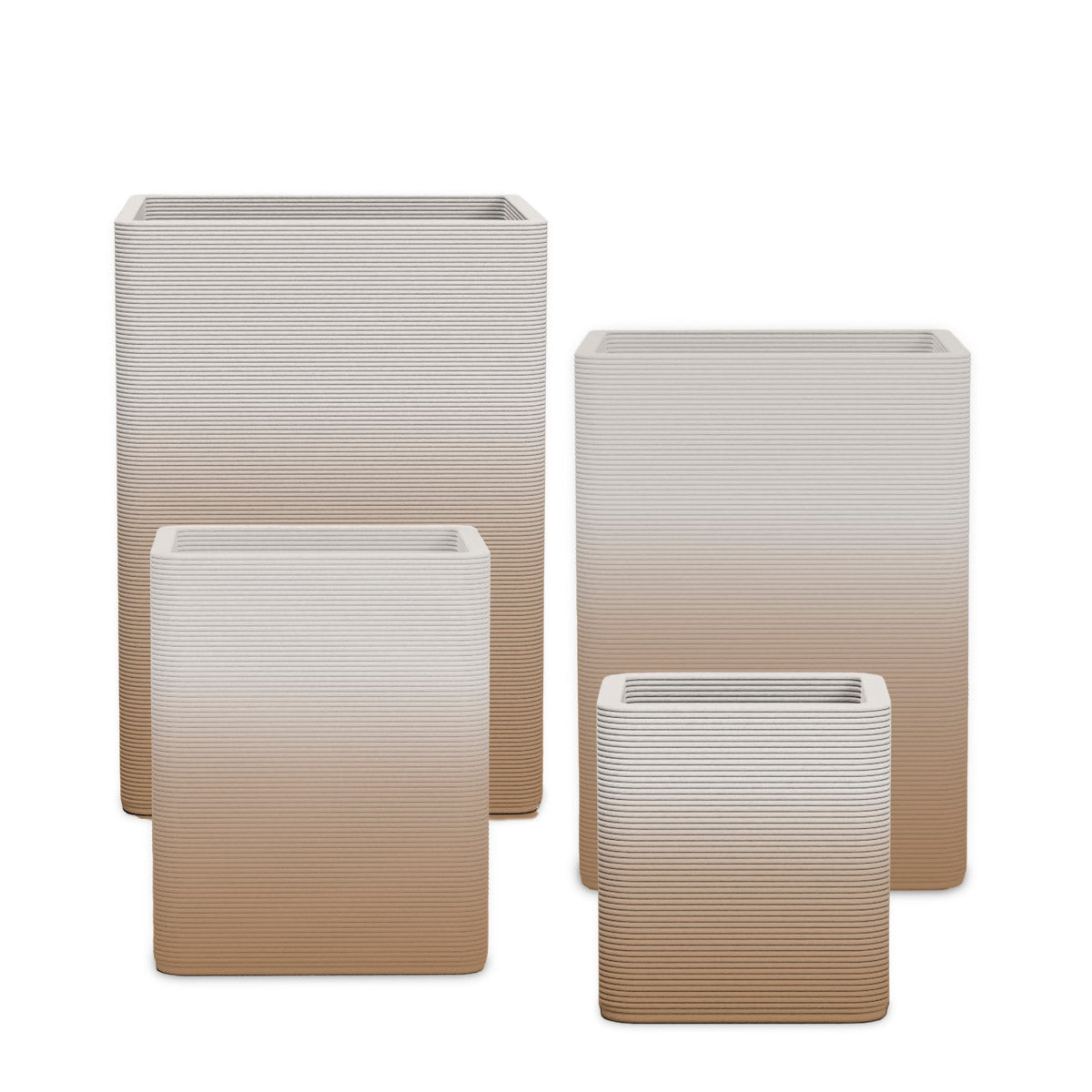 Montara Square Planter Set - Stacks - Toasted Almond OMB2 - sculptural square planter set of four sizes with fine horizontal ribbed texture, 3D printed concrete, modern artistic design