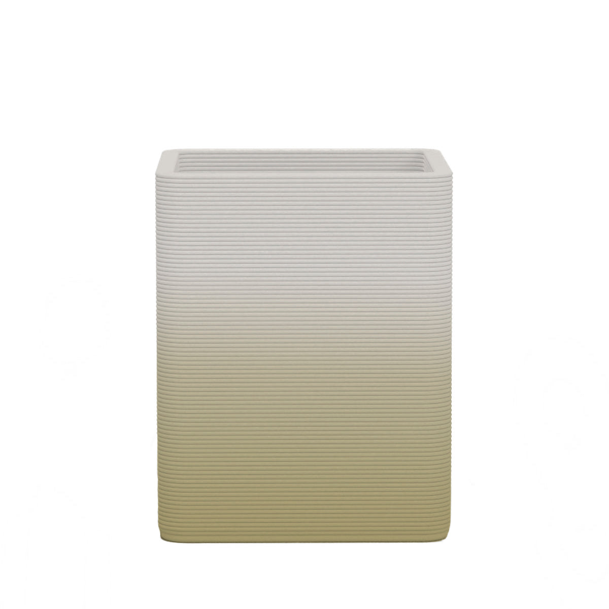 Montara Medium Square Planter - Stacks - Golden Olive OMB2 - square planter with fine horizontal ribbed texture, 3D printed concrete, modern minimal design