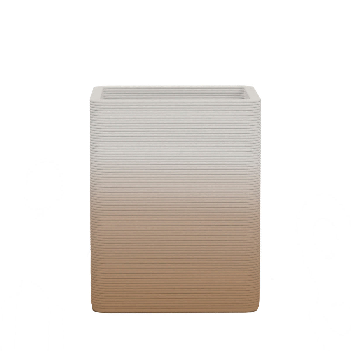 Montara Medium Square Planter - Stacks - Toasted Almond OMB2 - square planter with fine horizontal ribbed texture, 3D printed concrete, modern minimal design