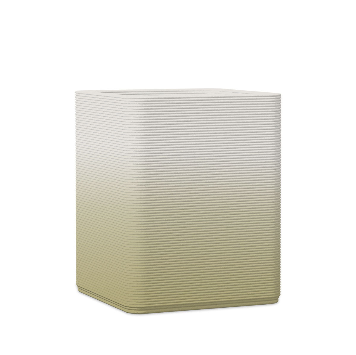 Montara Medium Square Planter - Stacks - Golden Olive OMB2 - square planter with fine horizontal ribbed texture, 3D printed concrete, modern minimal design