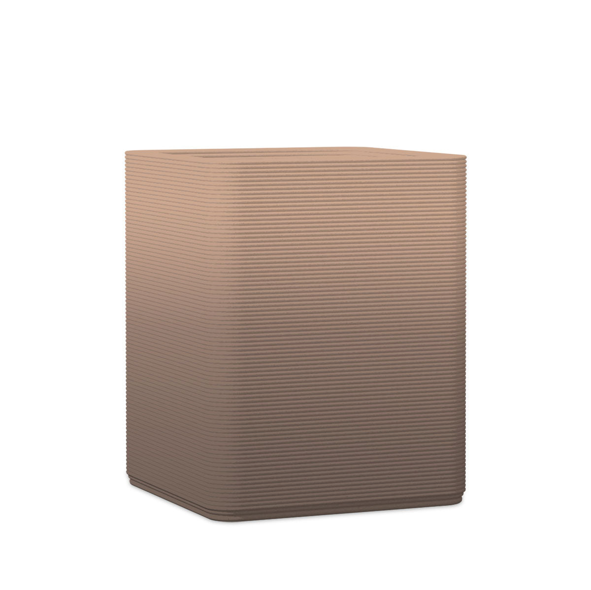 Montara Medium Square Planter - Stacks - Riverbed Earth OMB1 - square planter with fine horizontal ribbed texture, 3D printed concrete, modern minimal design