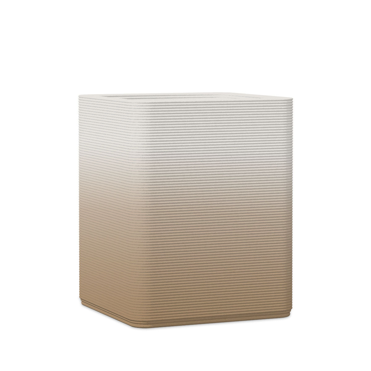 Montara Medium Square Planter - Stacks - Toasted Almond OMB2 - square planter with fine horizontal ribbed texture, 3D printed concrete, modern minimal design
