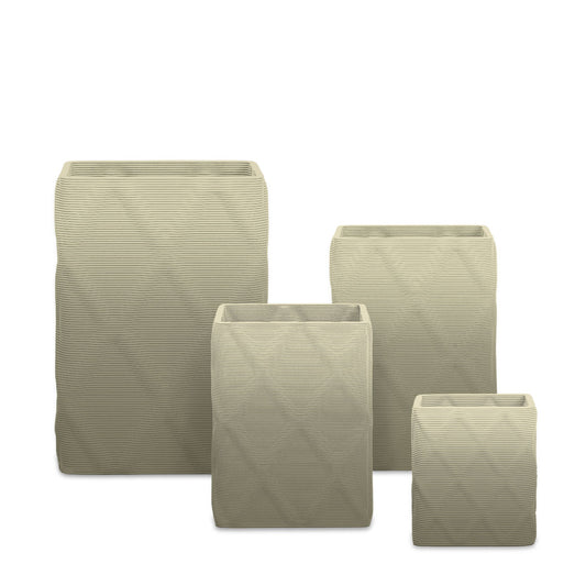 Montara Square Planter Set - Diamond 1 - Mossy Glen OMB1 - sculptural square planter set of four sizes with faceted diamond relief texture, 3D printed concrete, modern artistic design