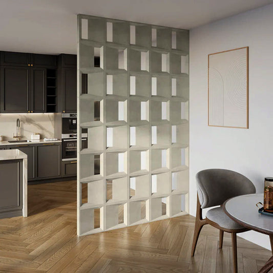 A lifestyle image of the Pismo breeze Blocks used in an interior setting as a room divider, shown in Limestone Veil