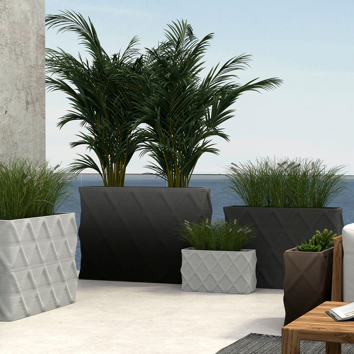 Avila Small Rectangular Planter - Diamond 1 - Group - sculptural rectangular planter with faceted diamond relief texture, 3D printed concrete, modern artistic design
