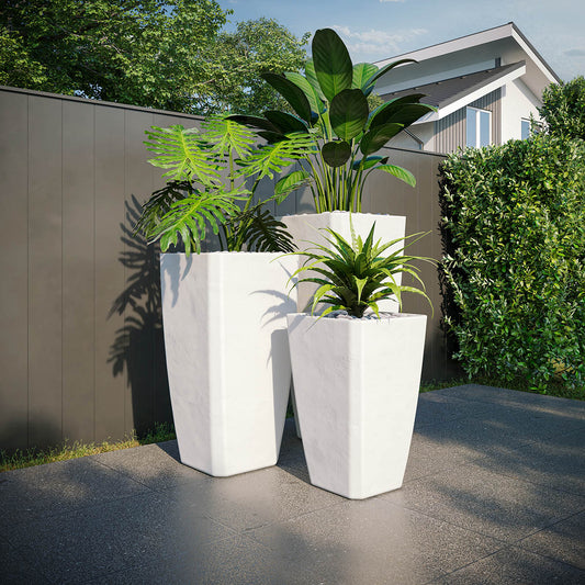 Lifestyle view of the Saddleback Small Tapered concrete planter with clean vertical silhouette, suitable for indoor or outdoor use in modern landscapes or commercial spaces.