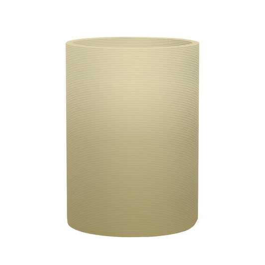 Solana Large Round Planter - Stacks - Golden Olive OMB1 - round planter with fine horizontal ribbed texture, 3D printed concrete, modern minimal design