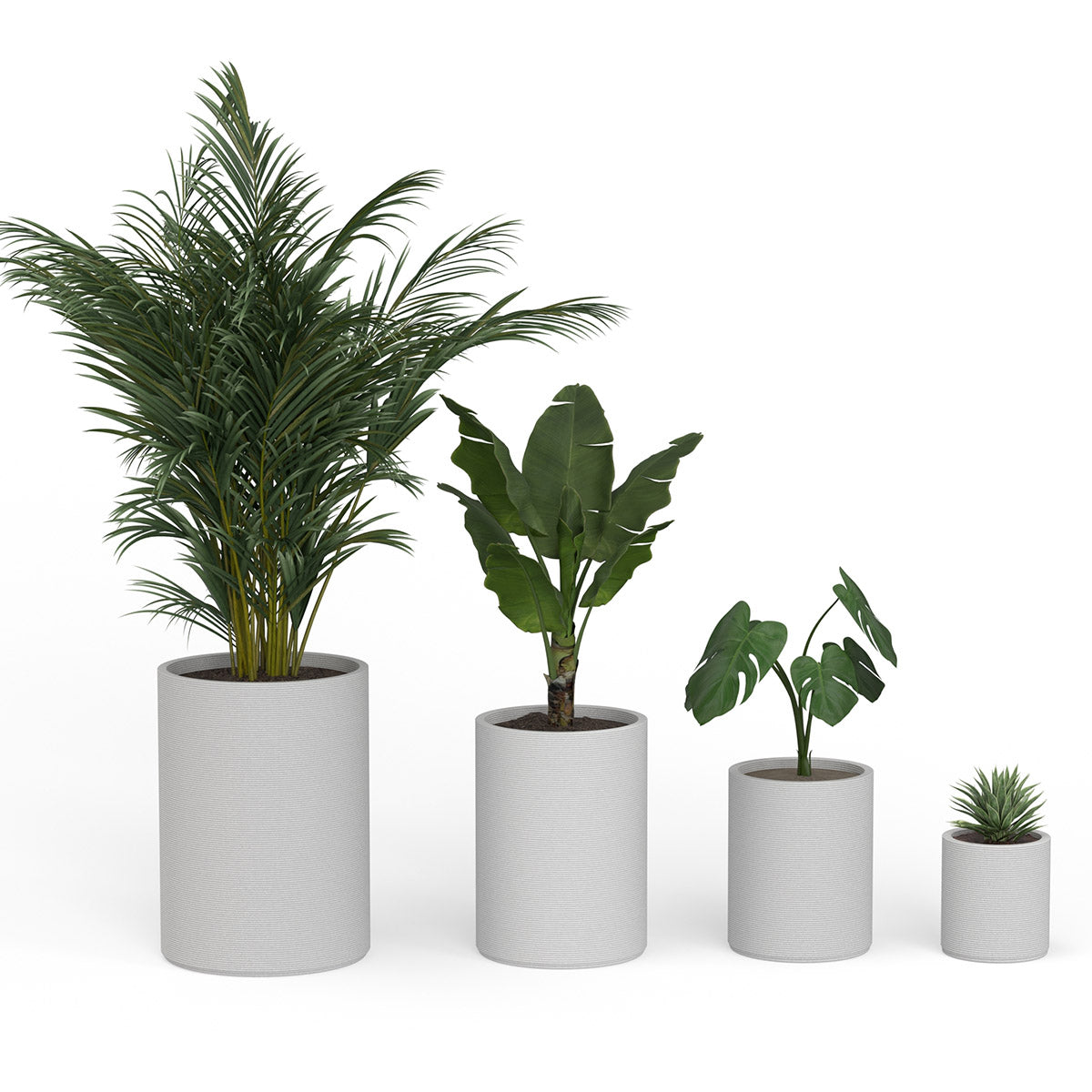 Solana Round Planter Set - Stacks - Glacial Mist - cylindrical planter set of four with fine horizontal ribbed texture, 3D printed concrete, modern minimal design