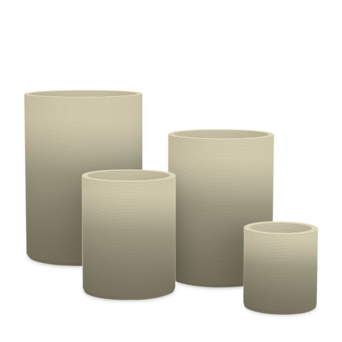 Solana Round Planter Set - Stacks - Mossy Glen OMB1 - cylindrical planter set of four with fine horizontal ribbed texture, 3D printed concrete, modern minimal design