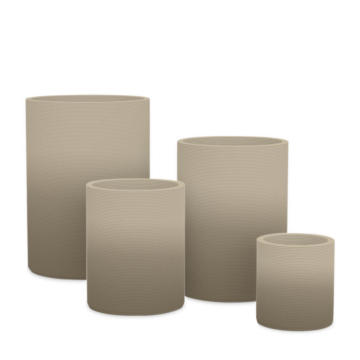 Solana Round Planter Set - Stacks - Savanna Clay OMB1 - cylindrical planter set of four with fine horizontal ribbed texture, 3D printed concrete, modern minimal design