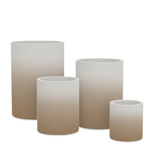 Solana Round Planter Set - Stacks - Toasted Almond OMB2 - cylindrical planter set of four with fine horizontal ribbed texture, 3D printed concrete, modern minimal design