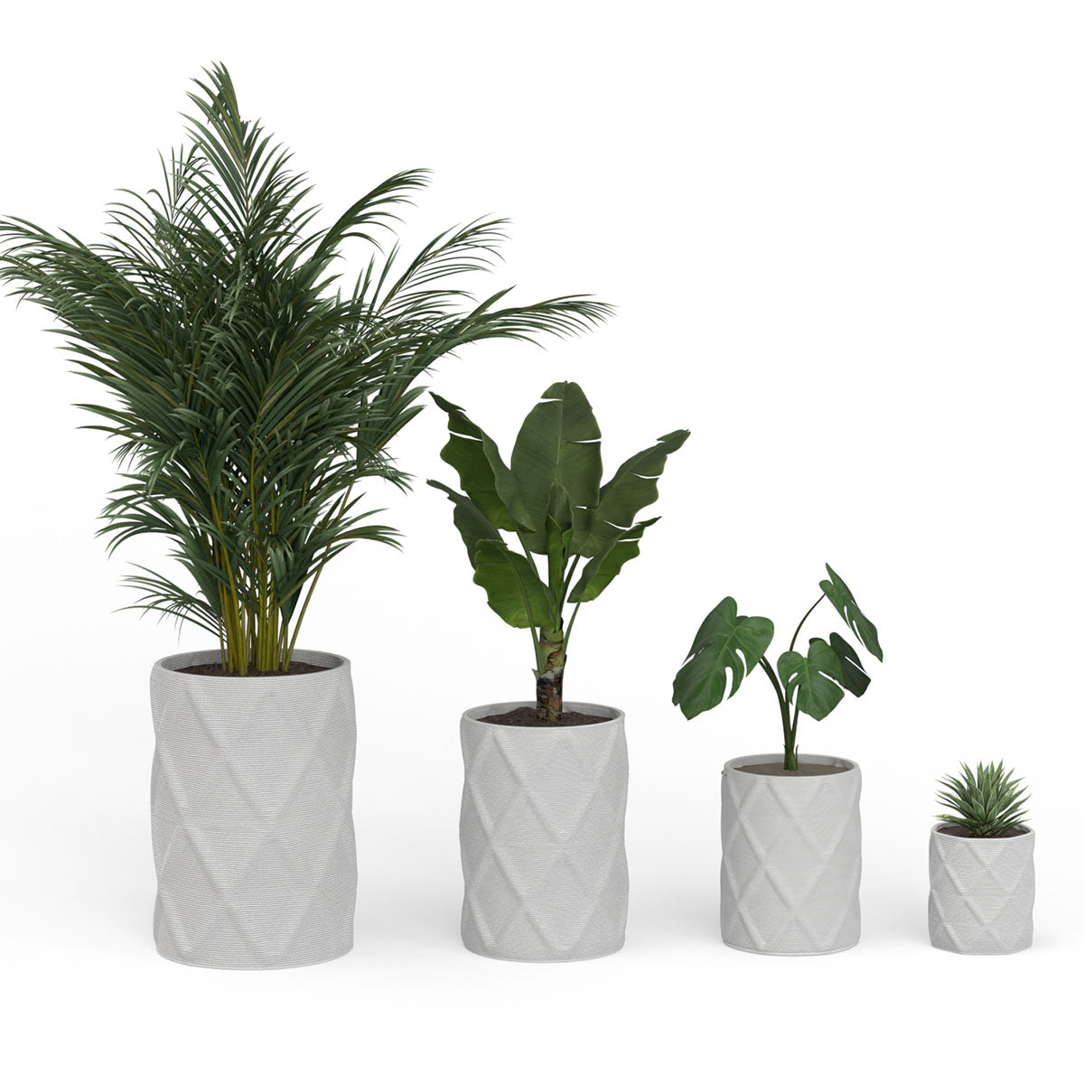 Solana Round Planter Set - Diamond 1 - Glacial Mist - sculptural round planter set of four with faceted diamond relief texture, 3D printed concrete, modern artistic design