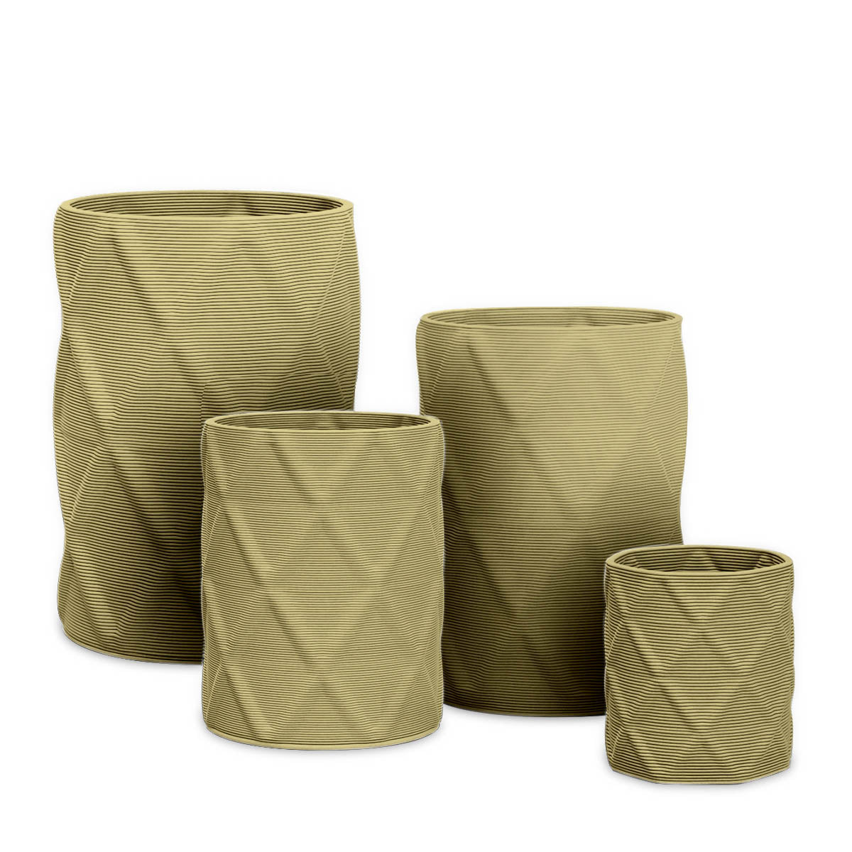 Solana Round Planter Set - Diamond 1 - Golden Olive - sculptural round planter set of four with faceted diamond relief texture, 3D printed concrete, modern artistic design