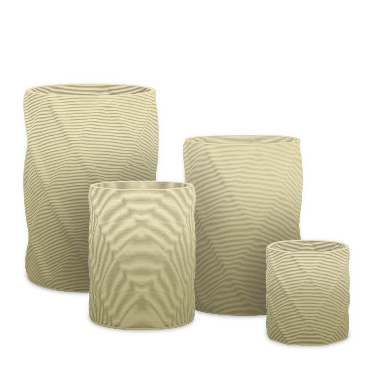 Solana Round Planter Set - Diamond 1 - Golden Olive OMB1 - sculptural round planter set of four with faceted diamond relief texture, 3D printed concrete, modern artistic design
