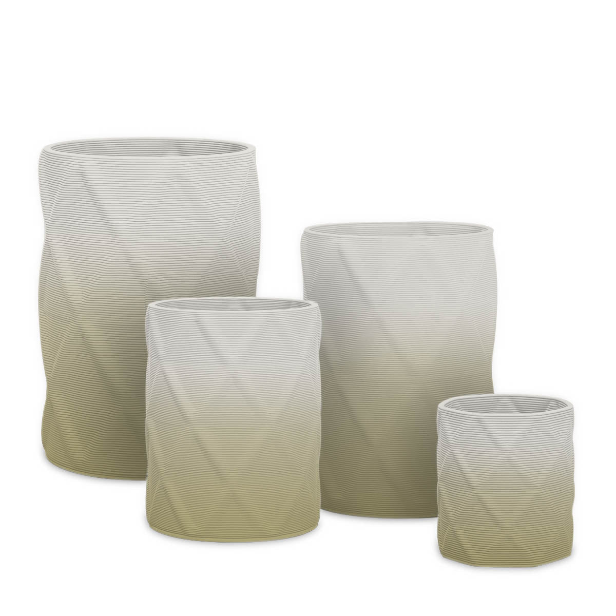 Solana Round Planter Set - Diamond 1 - Golden Olive OMB2 - sculptural round planter set of four with faceted diamond relief texture, 3D printed concrete, modern artistic design