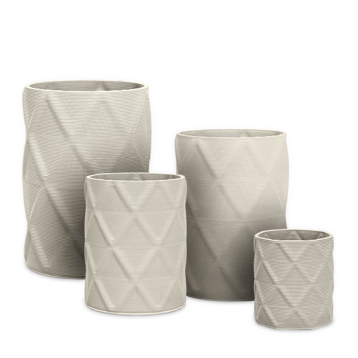 Solana Round Planter Set - Diamond 1 - Limestone Veil - sculptural round planter set of four with faceted diamond relief texture, 3D printed concrete, modern artistic design