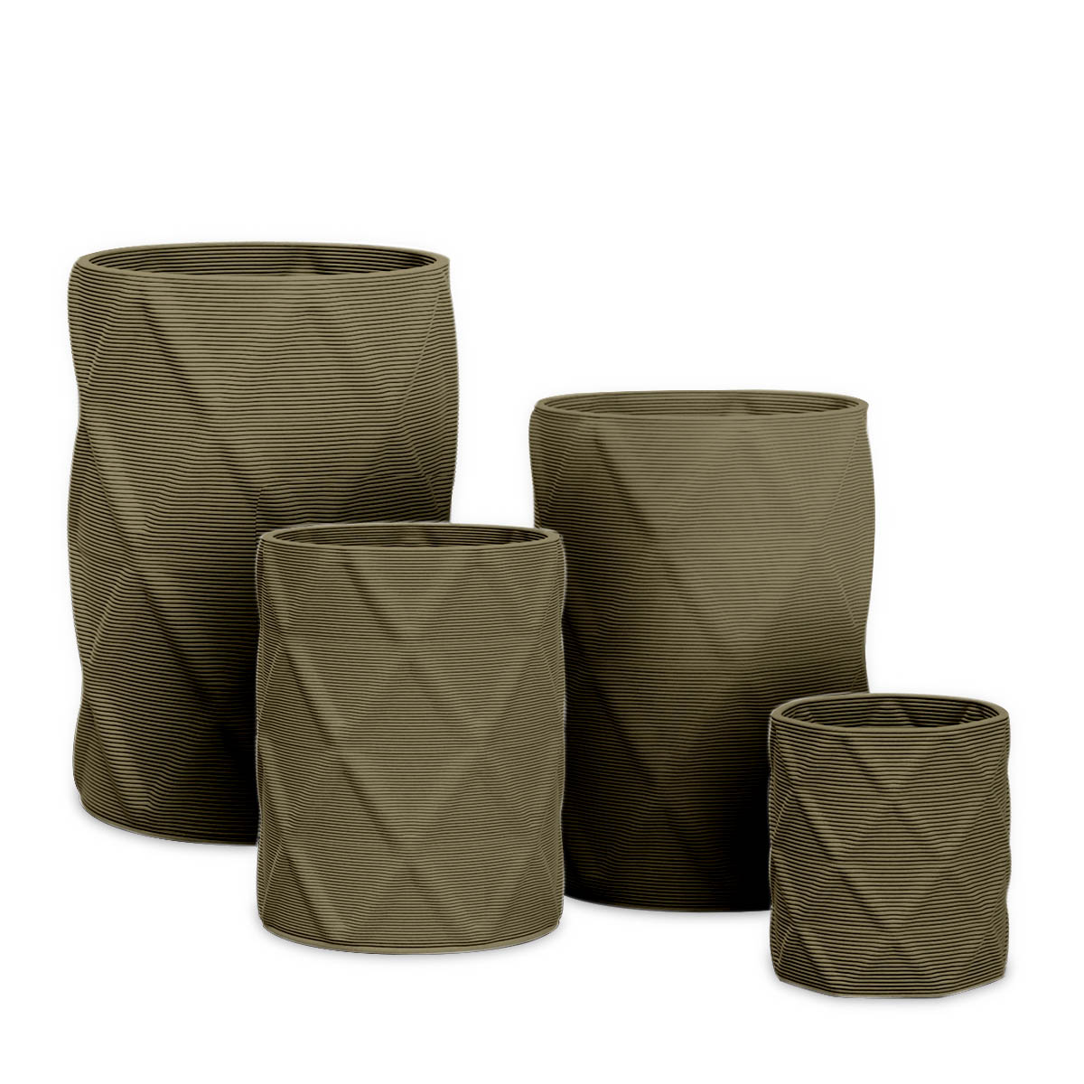 Solana Round Planter Set - Diamond 1 - Mossy Glen - sculptural round planter set of four with faceted diamond relief texture, 3D printed concrete, modern artistic design