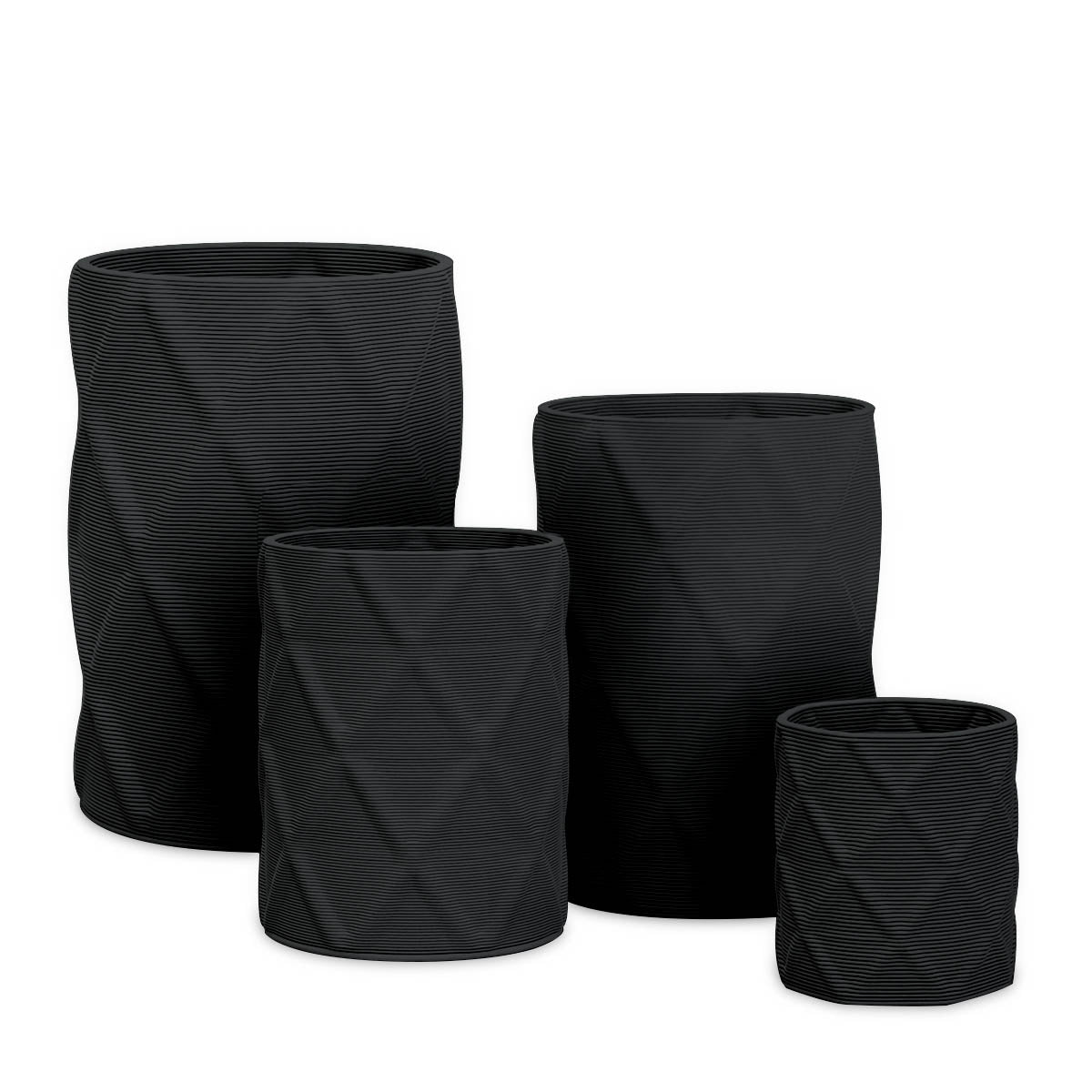 Solana Round Planter Set - Diamond 1 - Obsidian Night - sculptural round planter set of four with faceted diamond relief texture, 3D printed concrete, modern artistic design
