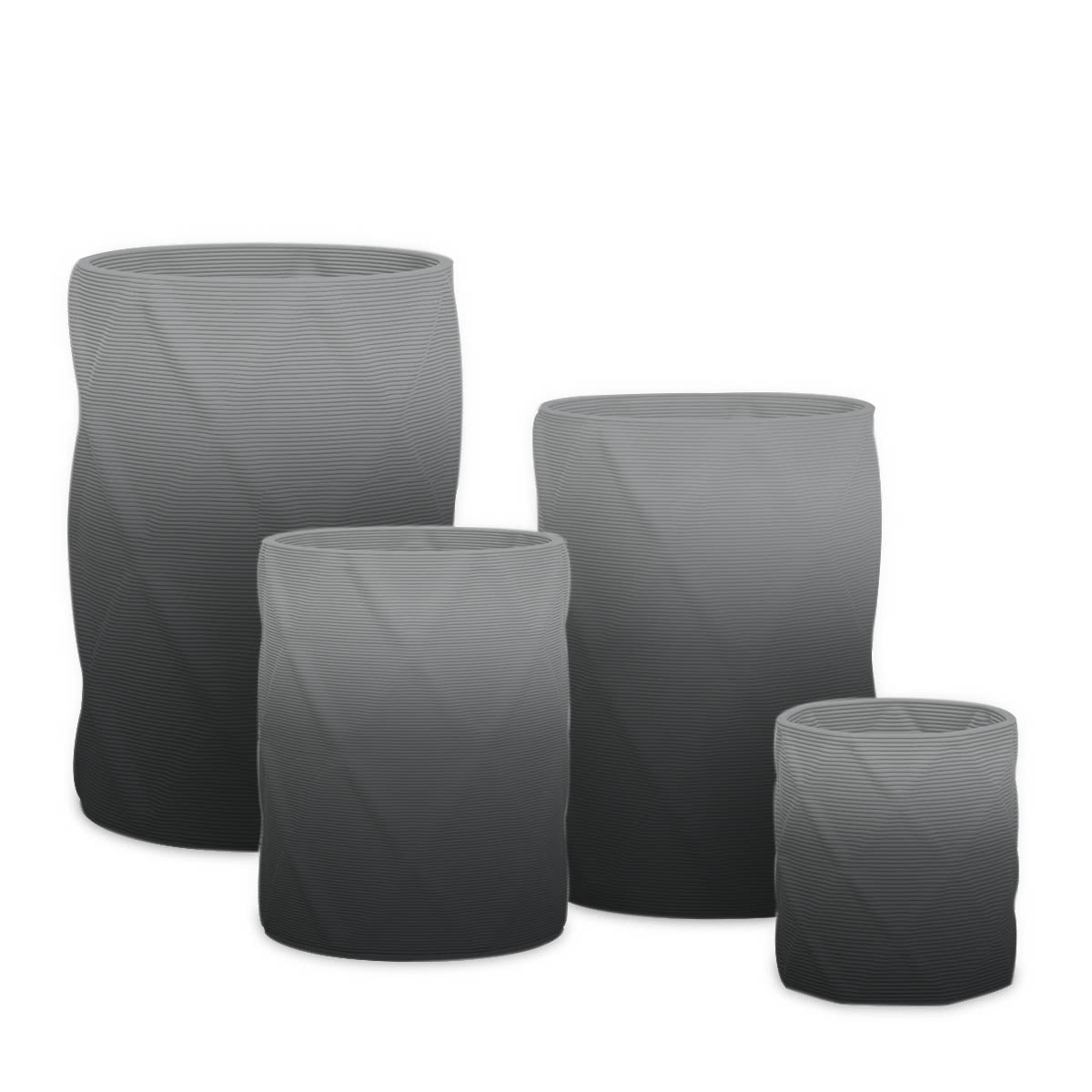 Solana Round Planter Set - Diamond 1 - Obsidian Night OMB1 - sculptural round planter set of four with faceted diamond relief texture, 3D printed concrete, modern artistic design