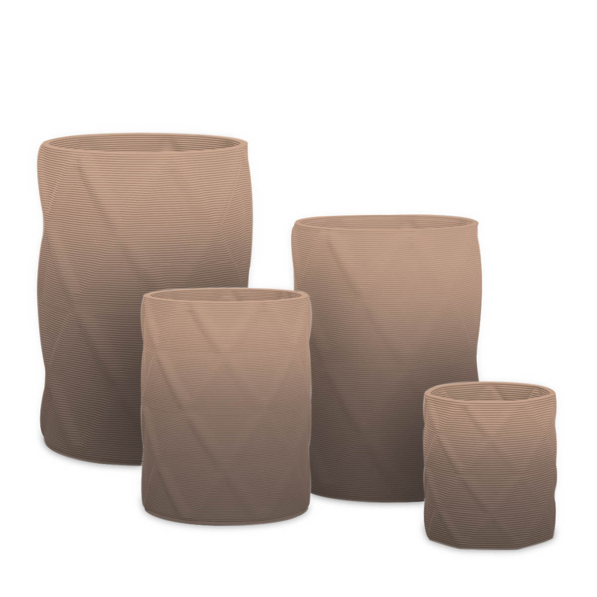 Solana Round Planter Set - Diamond 1 - Riverbed Earth OMB1 - sculptural round planter set of four with faceted diamond relief texture, 3D printed concrete, modern artistic design