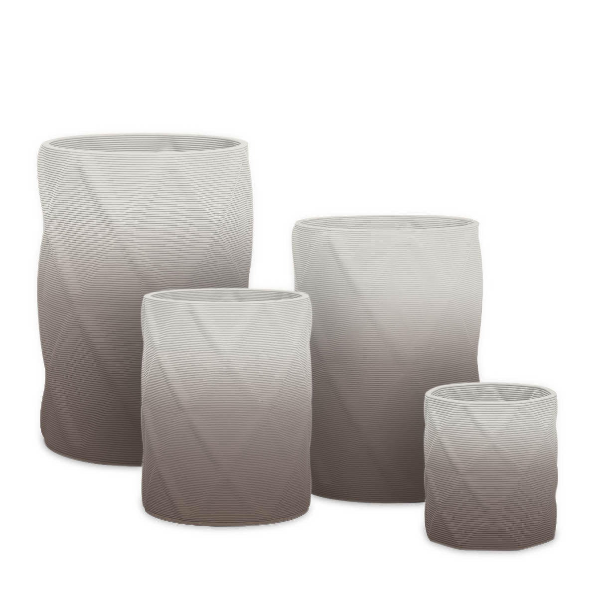 Solana Round Planter Set - Diamond 1 - Riverbed Earth OMB2 - sculptural round planter set of four with faceted diamond relief texture, 3D printed concrete, modern artistic design