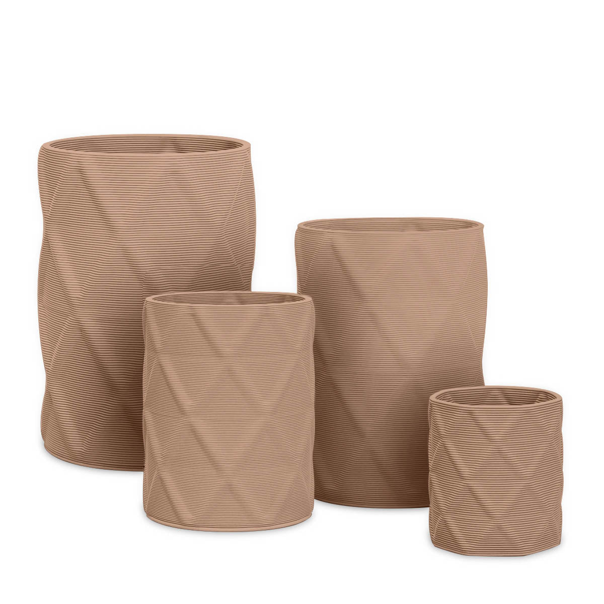 Solana Round Planter Set - Diamond 1 - Sandy Bluff - sculptural round planter set of four with faceted diamond relief texture, 3D printed concrete, modern artistic design