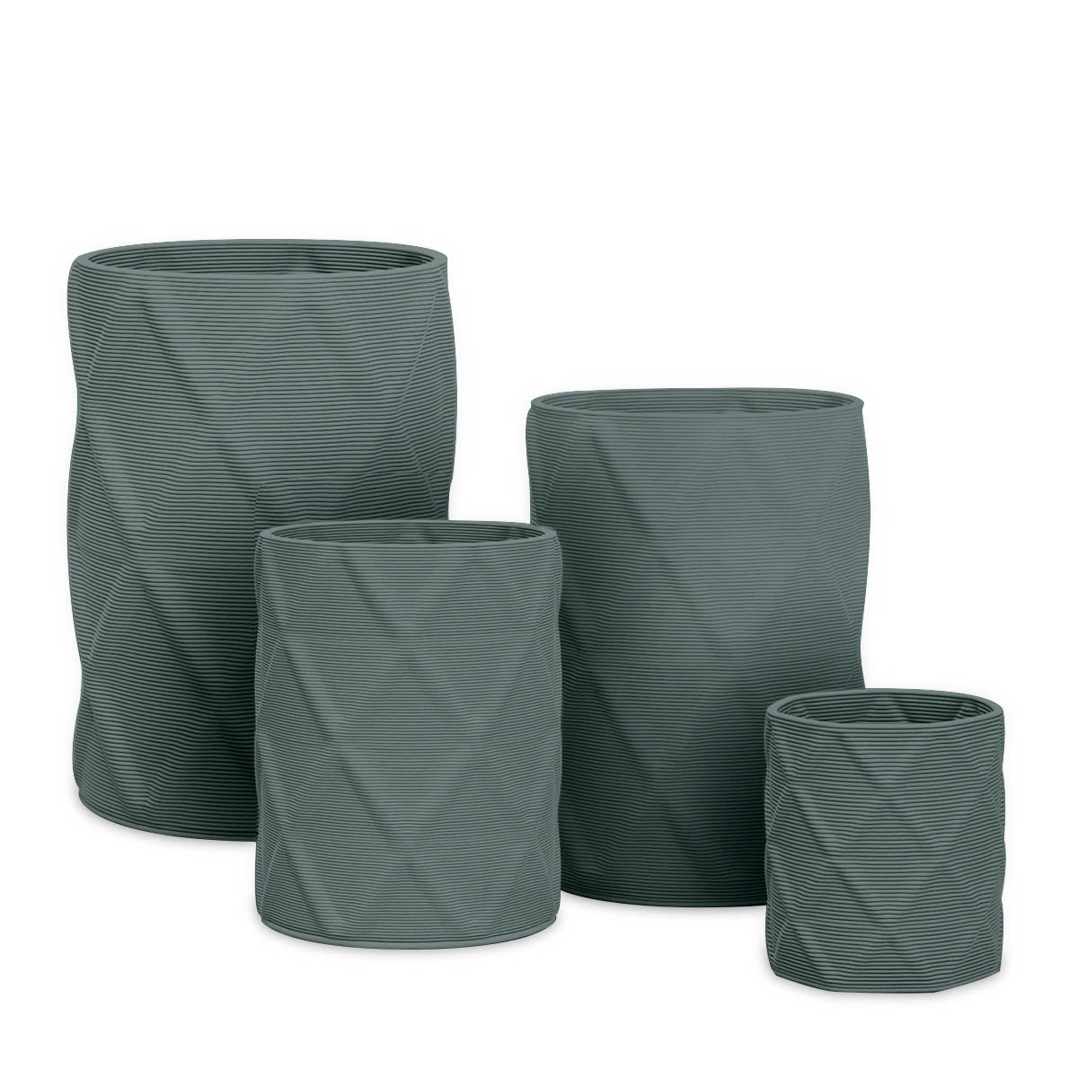 Solana Round Planter Set - Diamond 1 - Seafoam Slate - sculptural round planter set of four with faceted diamond relief texture, 3D printed concrete, modern artistic design
