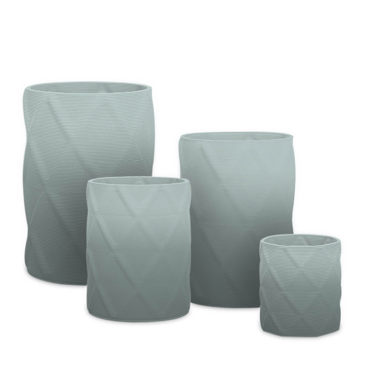 Solana Round Planter Set - Diamond 1 - Seafoam Slate OMB1 - sculptural round planter set of four with faceted diamond relief texture, 3D printed concrete, modern artistic design
