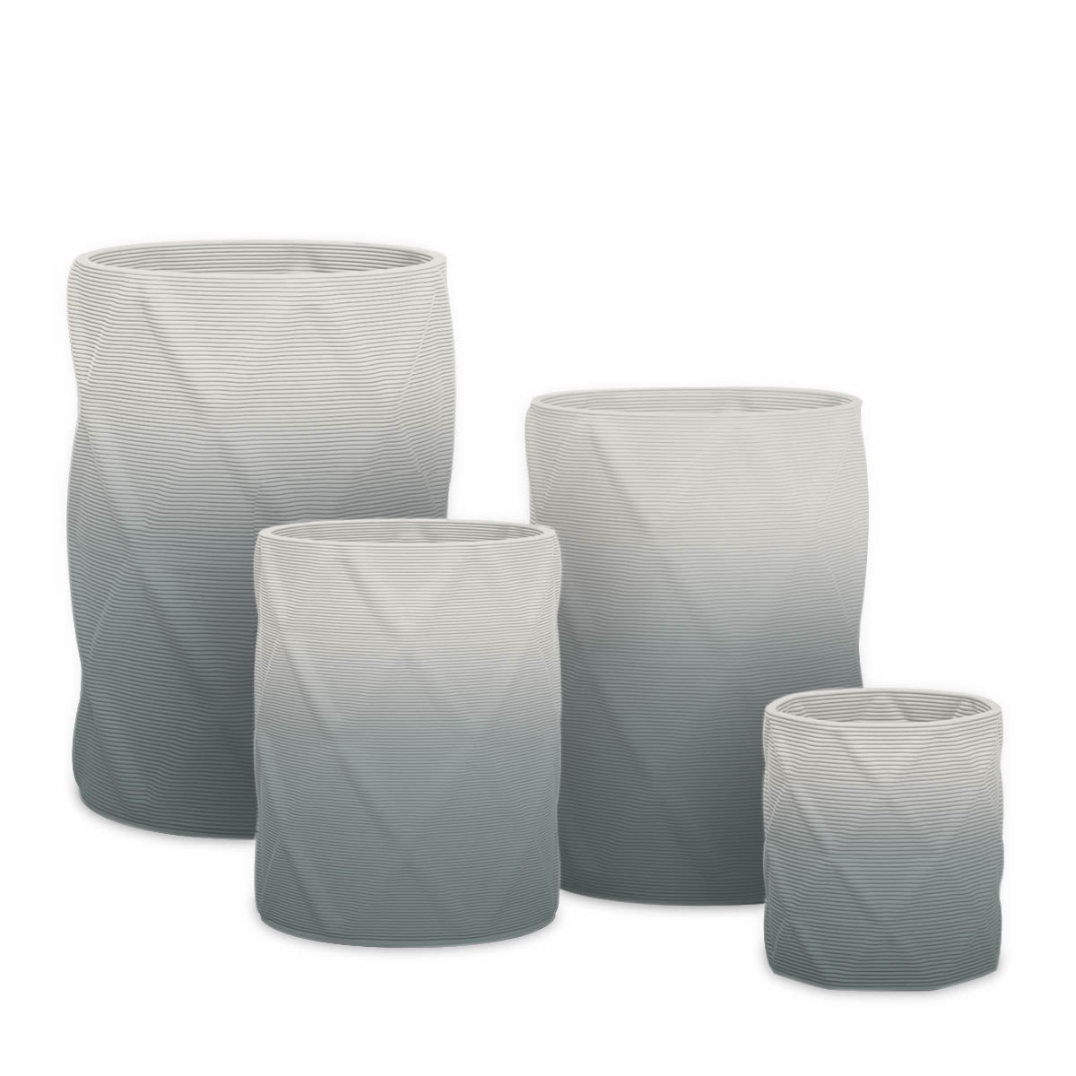 Solana Round Planter Set - Diamond 1 - Seafoam Slate OMB2 - sculptural round planter set of four with faceted diamond relief texture, 3D printed concrete, modern artistic design