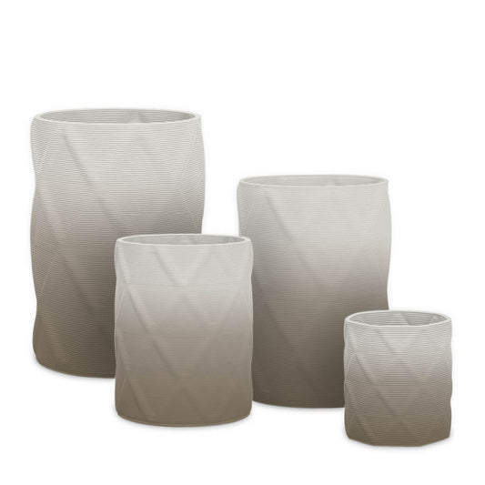Solana Round Planter Set - Diamond 1 - Savanna Clay OMB2 - sculptural round planter set of four with faceted diamond relief texture, 3D printed concrete, modern artistic design
