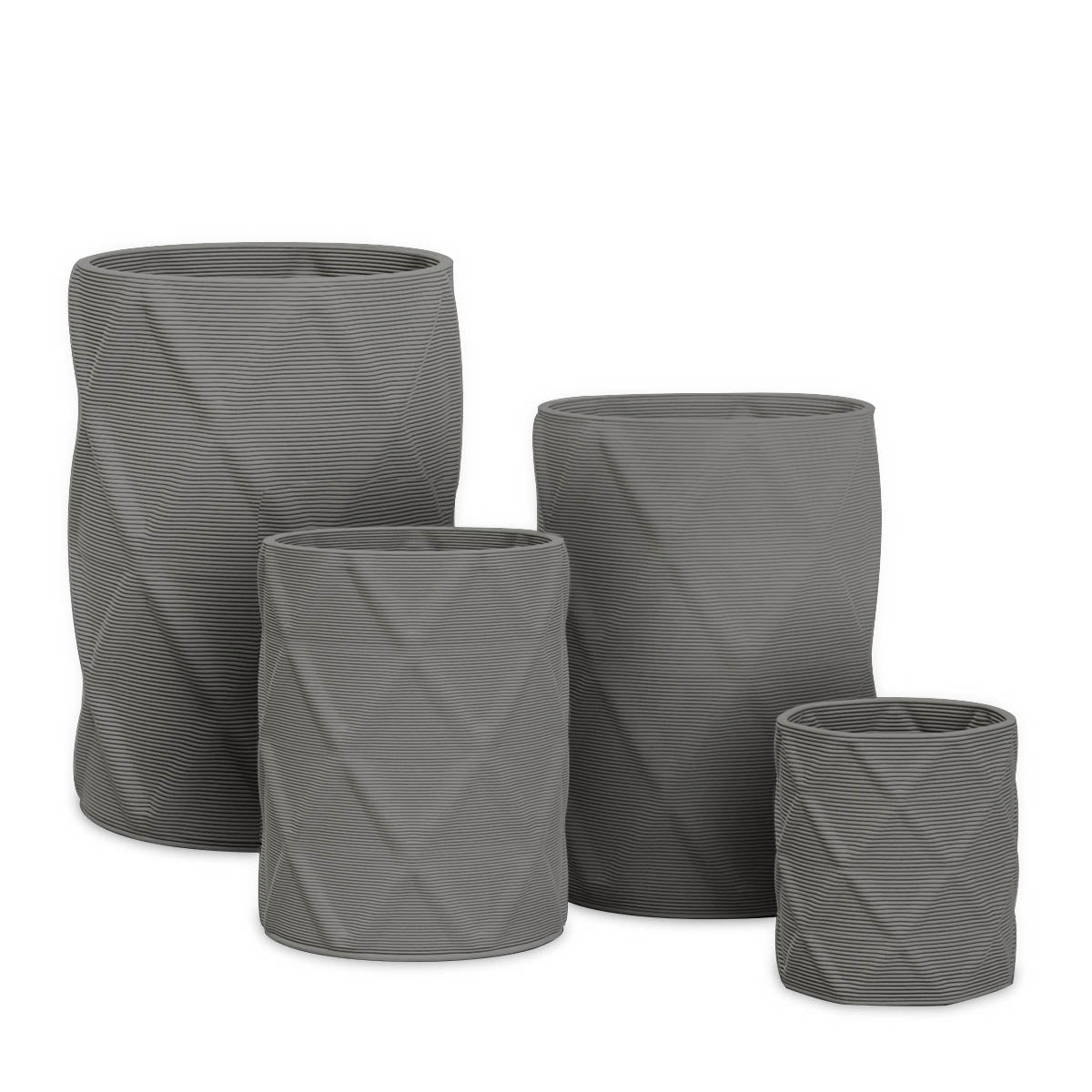 Solana Round Planter Set - Diamond 1 - Silver Mist - sculptural round planter set of four with faceted diamond relief texture, 3D printed concrete, modern artistic design