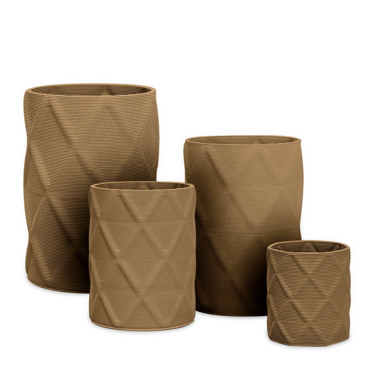 Solana Round Planter Set - Diamond 1 - Toasted Almond - sculptural round planter set of four with faceted diamond relief texture, 3D printed concrete, modern artistic design