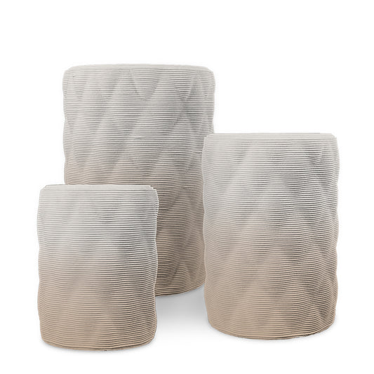 Solana Round Planter Set - Diamond 2 - Desert Dawn OMB2 - sculptural round planter set of four sizes with quilted diamond relief texture, 3D printed concrete, modern artistic design