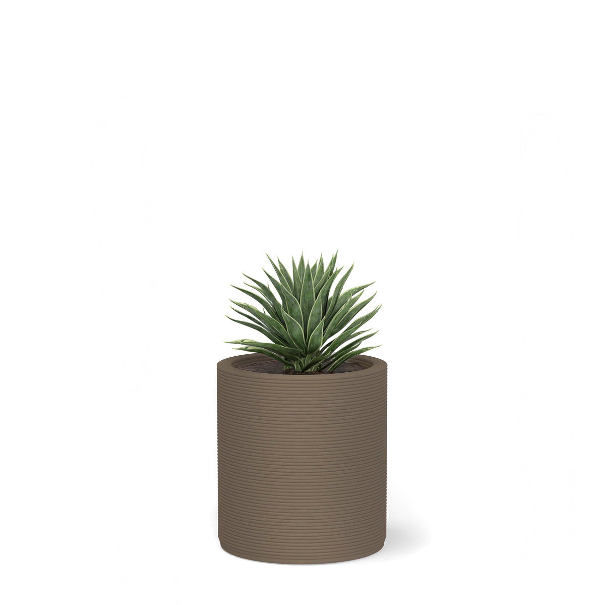Solana Small Round Planter in Savanna Clay 3D-printed concrete with ribbed texture, modern cylindrical design for indoor or outdoor use