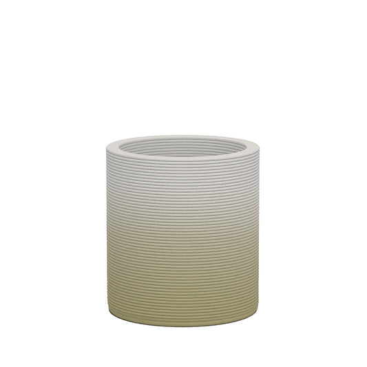 Solana Small Round Planter - Stacks - Golden Olive OMB1 - round planter with fine horizontal ribbed texture, 3D printed concrete, modern minimal design