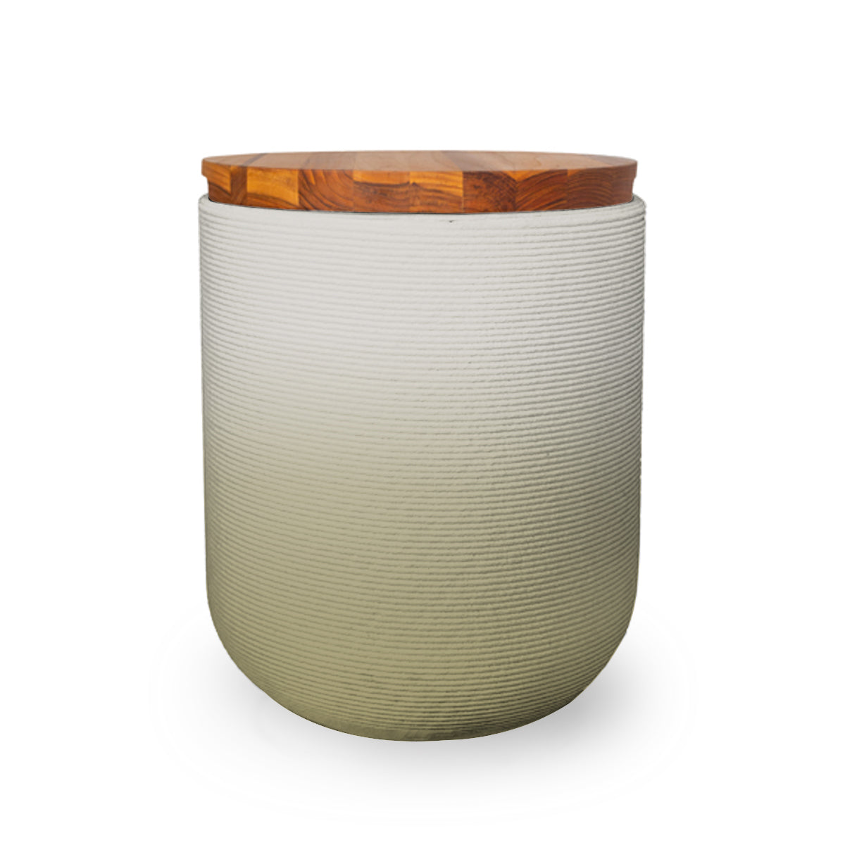 Zuma Side Table/Stool - Golden Olive OMB2-Teak - round side table with fine horizontal ribbed concrete base and smooth wood top, modern sculptural design