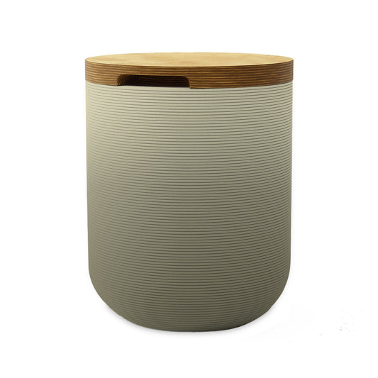Zuma Side Table/Stool - Mossy Glen OMB1-Europly - round side table with fine horizontal ribbed concrete base and smooth wood top, modern sculptural design