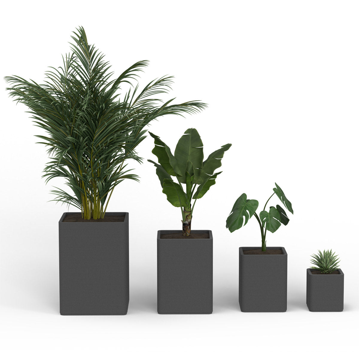Montara Large Square Planter - Stacks - Group - square planter with fine horizontal ribbed texture, 3D printed concrete, modern minimal design