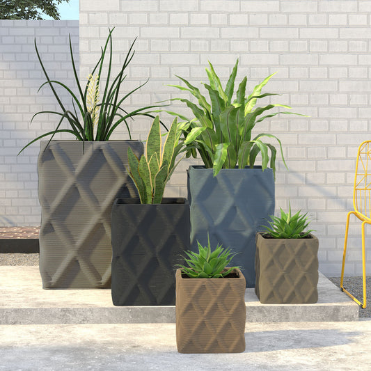 Group of Montara  Square Planter in 3D-printed concrete with ribbed finish, modern GFRC design for indoor and outdoor architectural use.