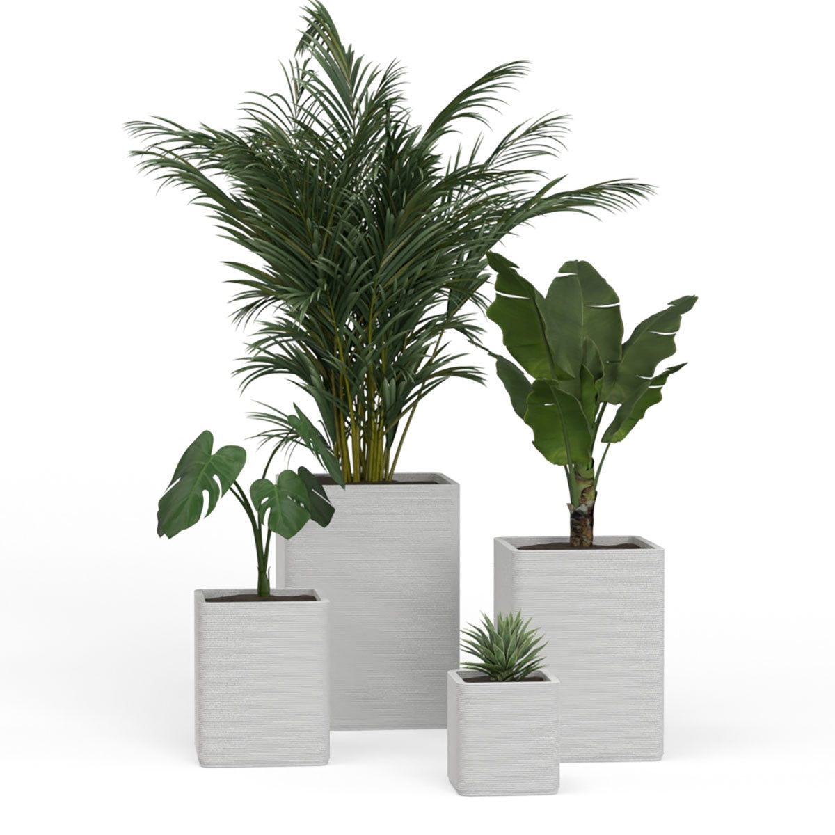 Set of Avila rectangular concrete planters in varying sizes featuring a stacked-patterned GFRC for indoor or outdoor use