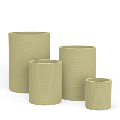 Set of Avila rectangular concrete planters in varying sizes featuring a stacked-patterned GFRC for indoor or outdoor use in the Golden Olive finish.