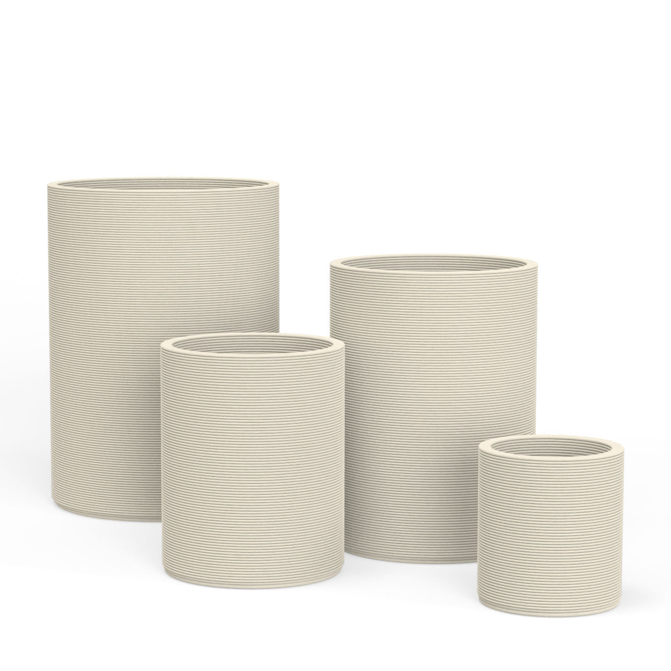 Set of Avila rectangular concrete planters in varying sizes featuring a stacked-patterned GFRC for indoor or outdoor use in the Limestone Veil finish.