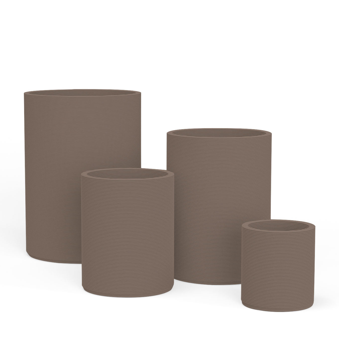 Set of Avila rectangular concrete planters in varying sizes featuring a stacked-patterned GFRC for indoor or outdoor use in the Riverbed Earth finish.