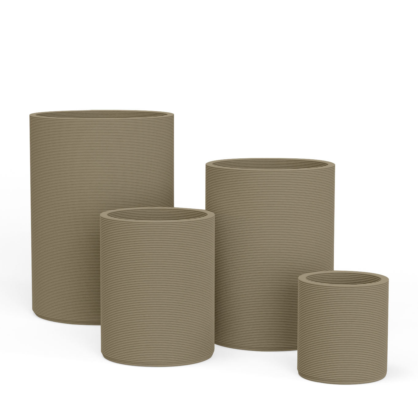 Set of Avila rectangular concrete planters in varying sizes featuring a stacked-patterned GFRC for indoor or outdoor use in the Savanna Clay finish.