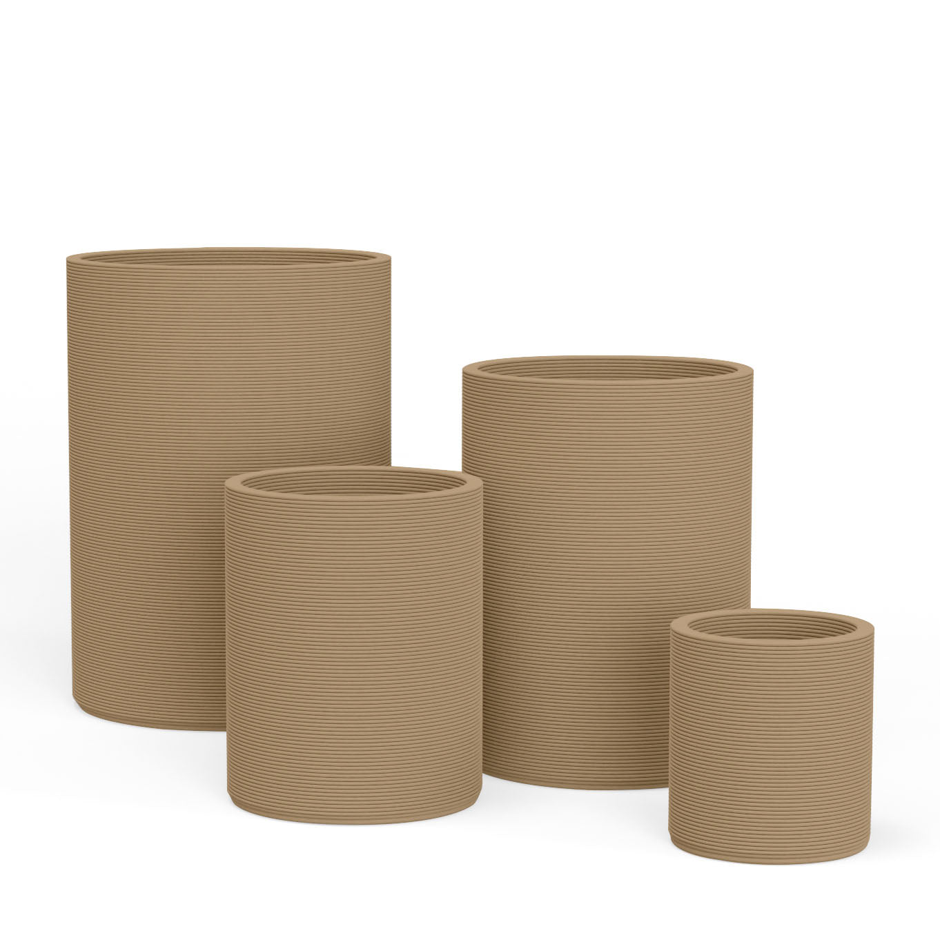 Set of Avila rectangular concrete planters in varying sizes featuring a stacked-patterned GFRC for indoor or outdoor use in the Toasted Almond finish.