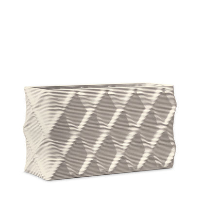 Avila Small Rectangular Planter - Diamond 1 - Limestone Veil - sculptural rectangular planter with faceted diamond relief texture, 3D printed concrete, modern artistic design